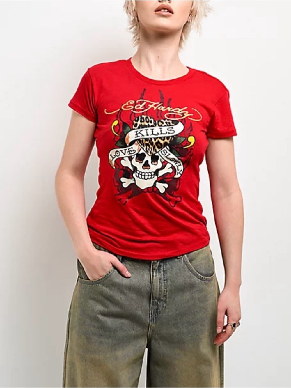 Ed Hardy "Love Dies Hard" Rhinestone Graphic Baby Tee - Red (Size S)